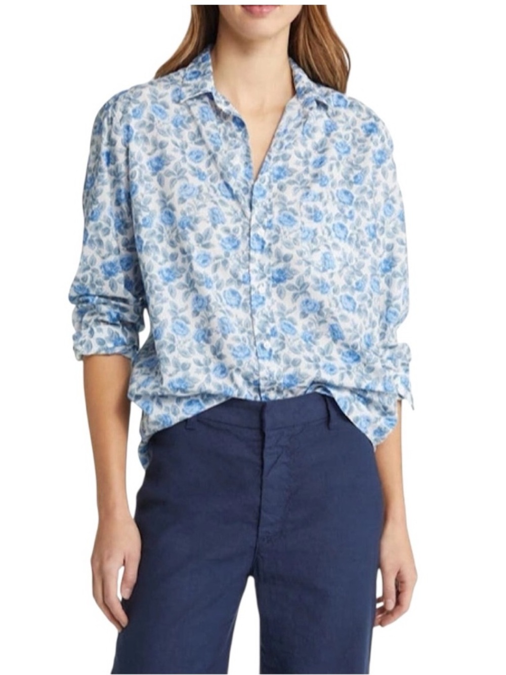 EUC Frank & Eileen Eileen Blue Rose Print Floral Button-Up Cotton Shirt XS